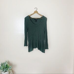 Women's Olive Green Waffle Knit Frayed Hem Boho Long Sleeve Top